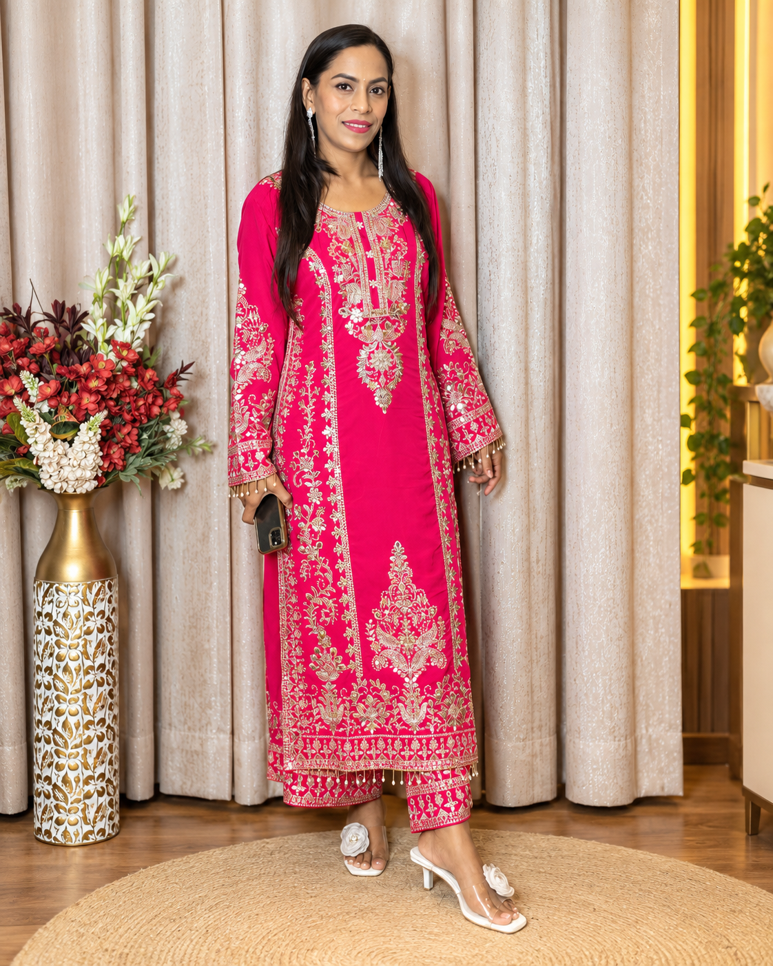 Premium Fuchsia Pink Embroidered Suit Set