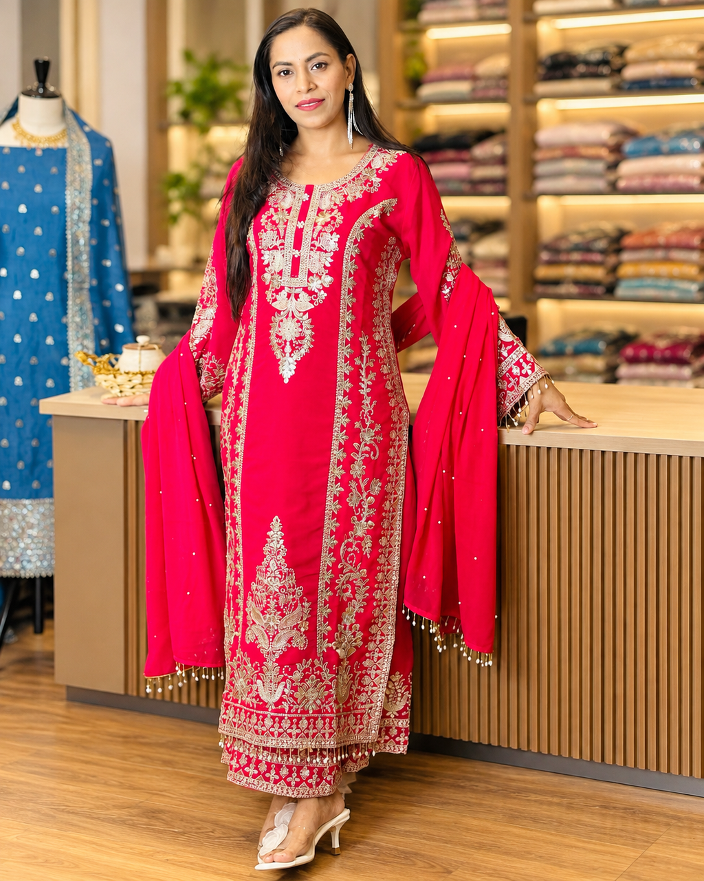 Premium Fuchsia Pink Embroidered Suit Set
