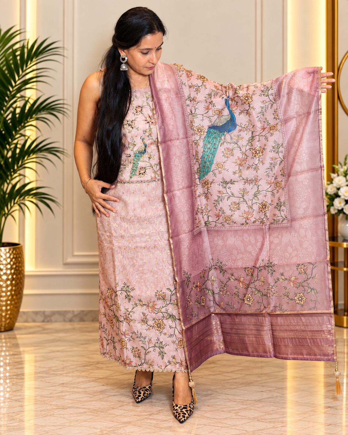 Elegant Organza Suit with Exquisite Neckline Embroidery