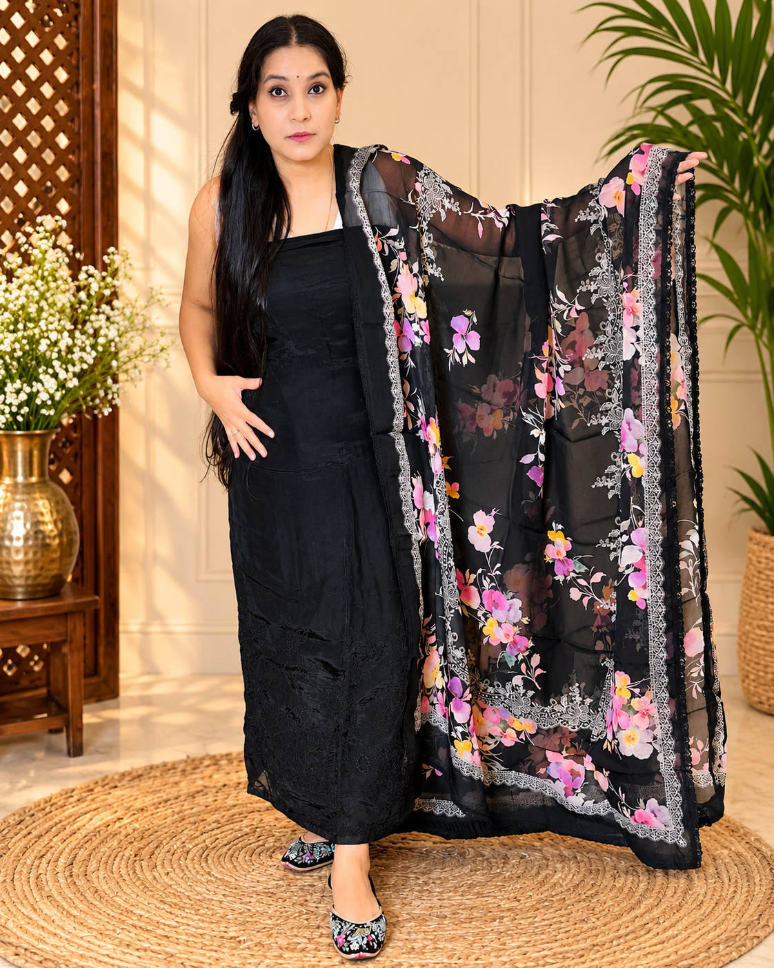 Black Sequence work with Printed Dupata