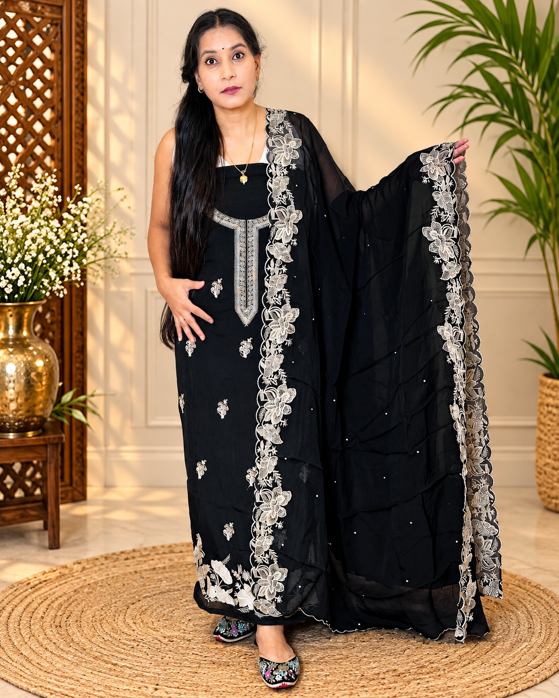 Black Organza Fabric with Flamingo Embroidery Design