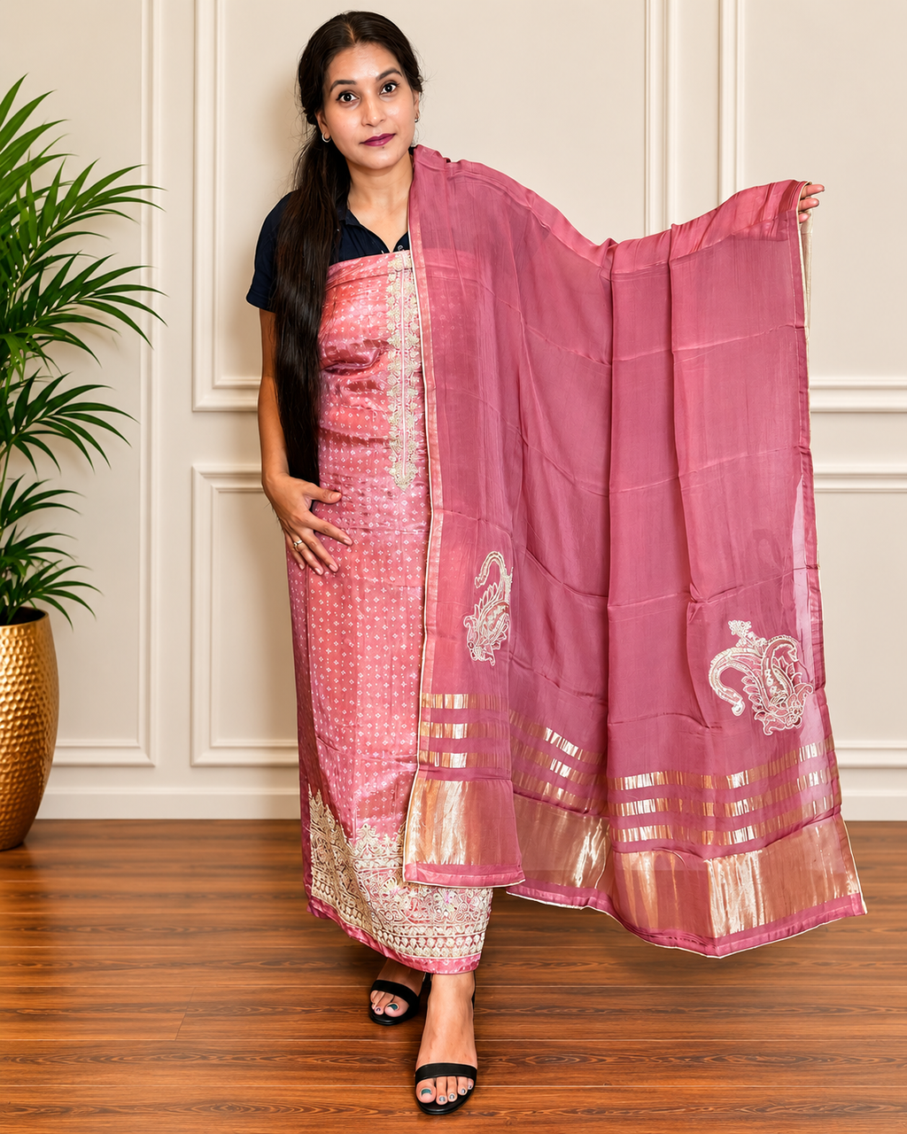 Designer Bandhani Tissue Suit Set with Embroidery