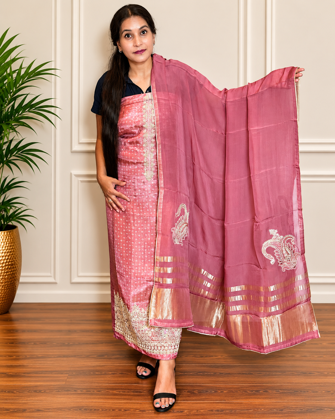 Designer Bandhani Tissue Suit Set with Embroidery