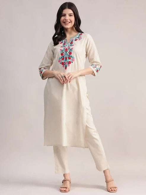 Off White Embriodered Cotton Flex Kurta and Pant Set
