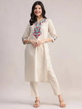 Off White Embriodered Cotton Flex Kurta and Pant Set