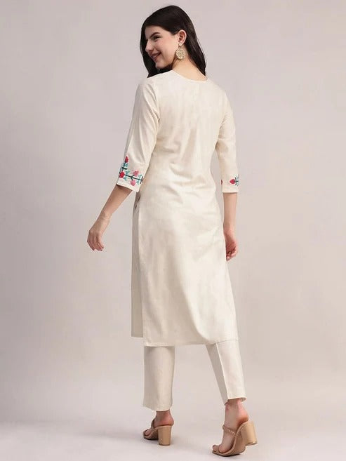 Off White Embriodered Cotton Flex Kurta and Pant Set