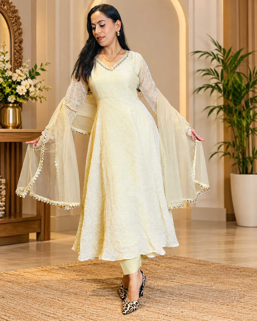 Elegant Cream Embroidered Anarkali Suit Set