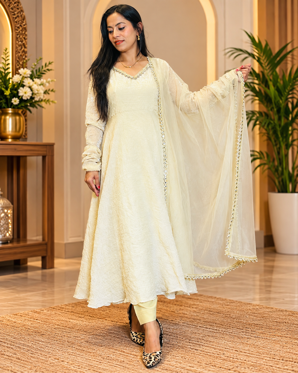 Elegant Cream Embroidered Anarkali Suit Set