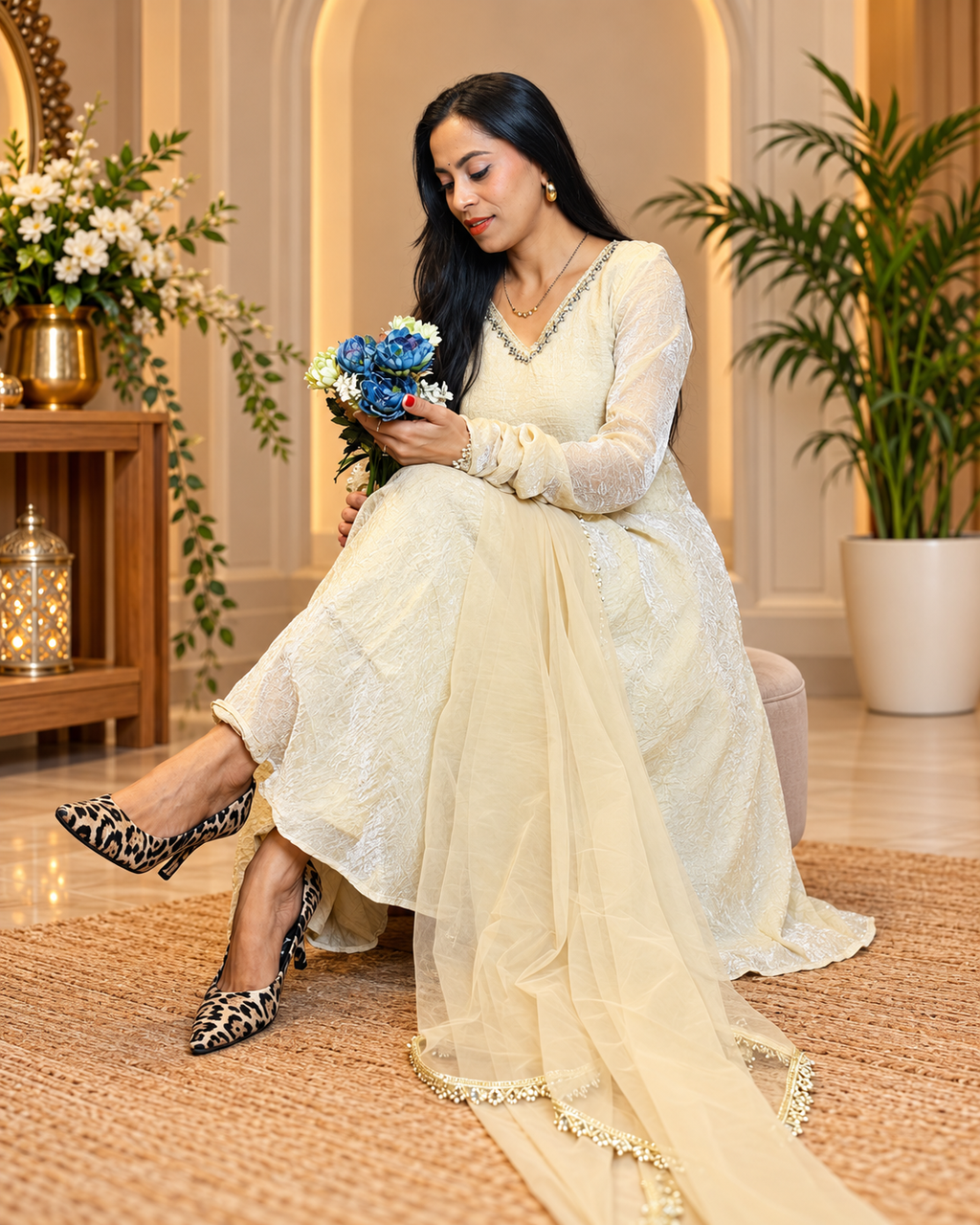 Elegant Cream Embroidered Anarkali Suit Set