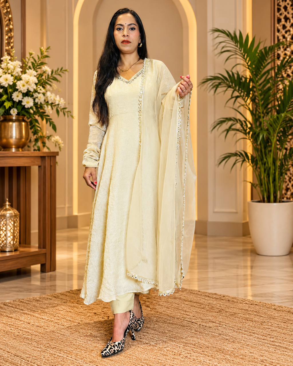 Elegant Cream Embroidered Anarkali Suit Set
