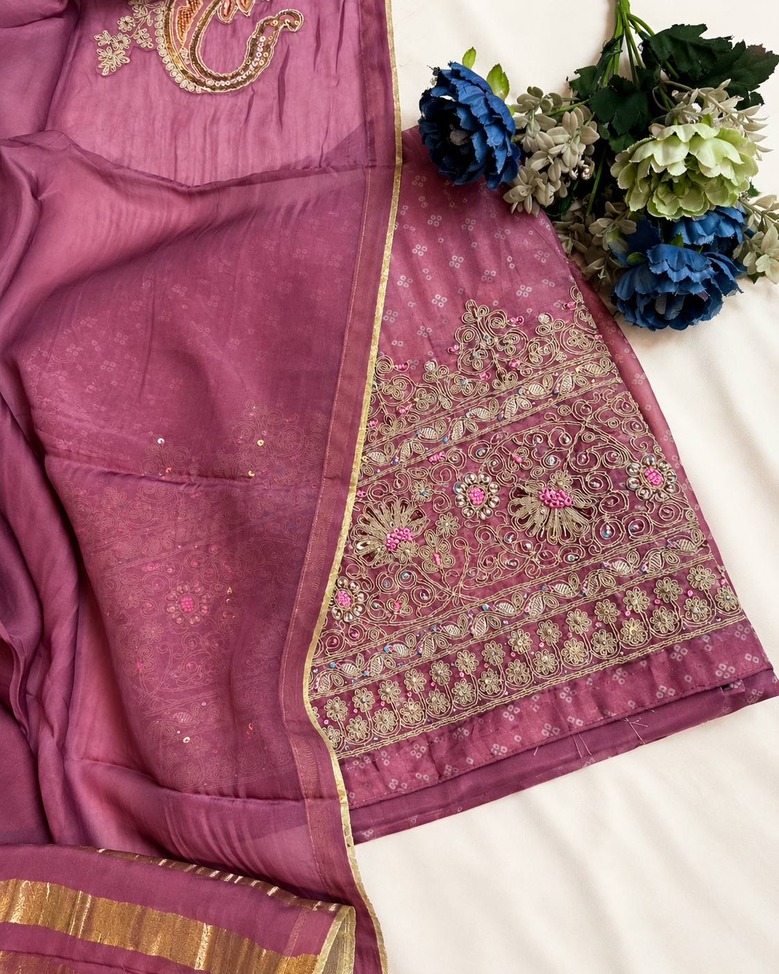 Designer Bandhani Tissue Suit Set with Embroidery