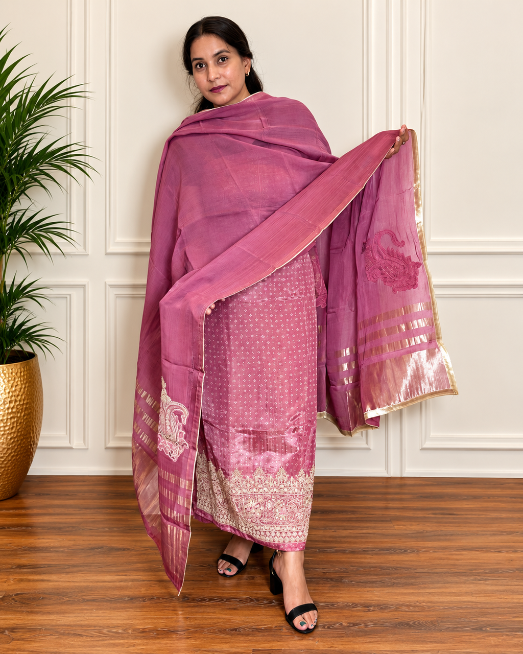 Designer Bandhani Tissue Suit Set with Embroidery