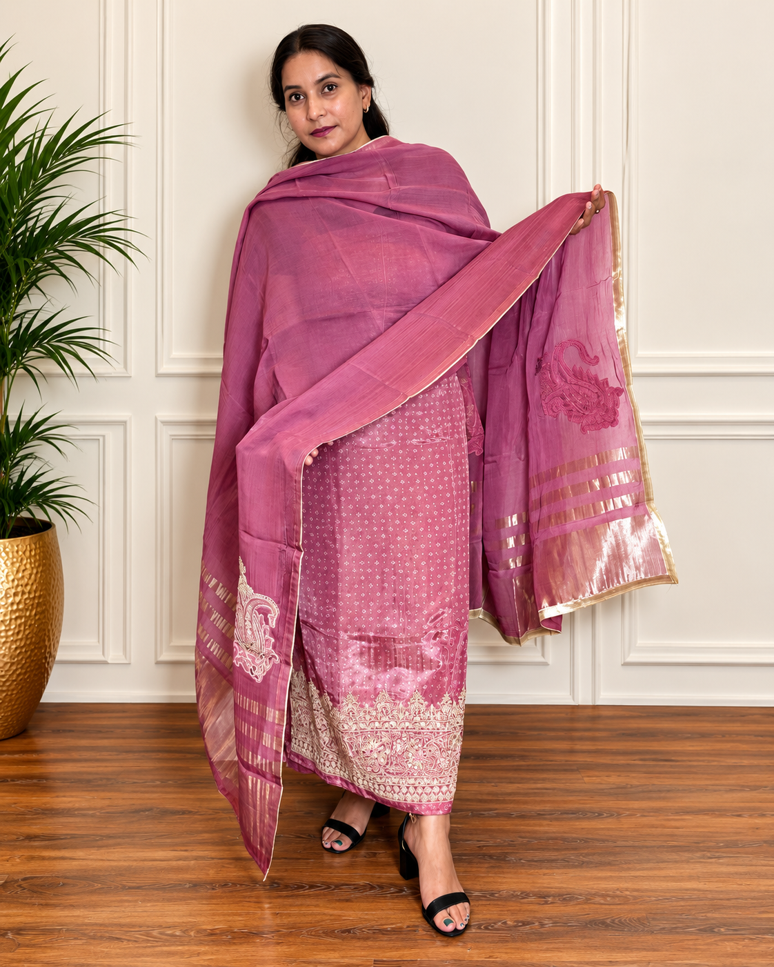 Designer Bandhani Tissue Suit Set with Embroidery