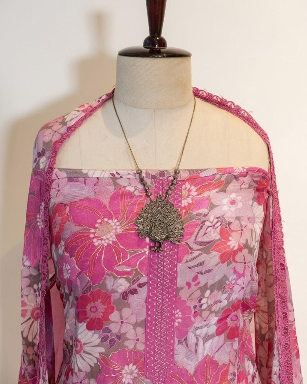 Crepe printed with bottom applique work