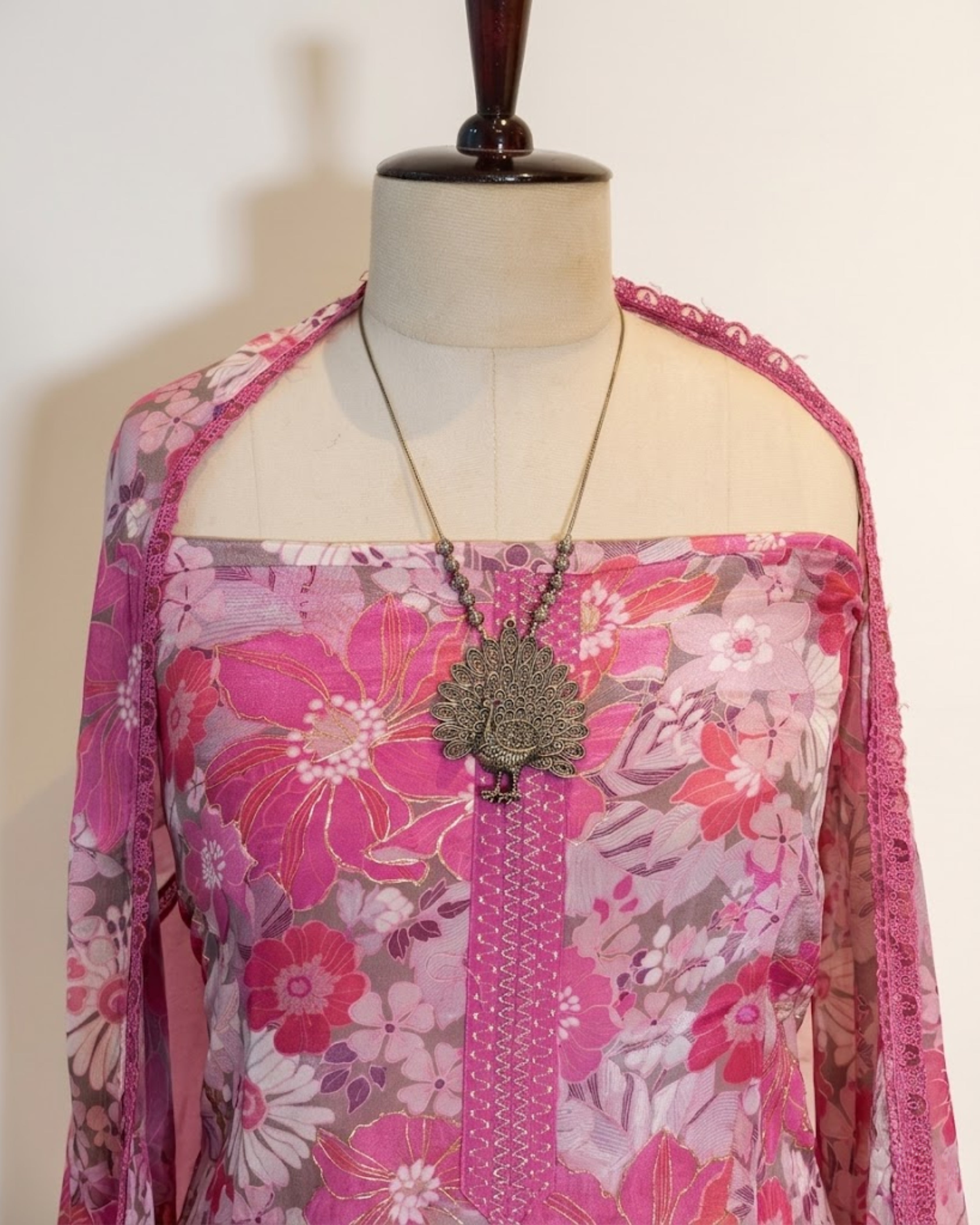 Crepe printed with bottom applique work