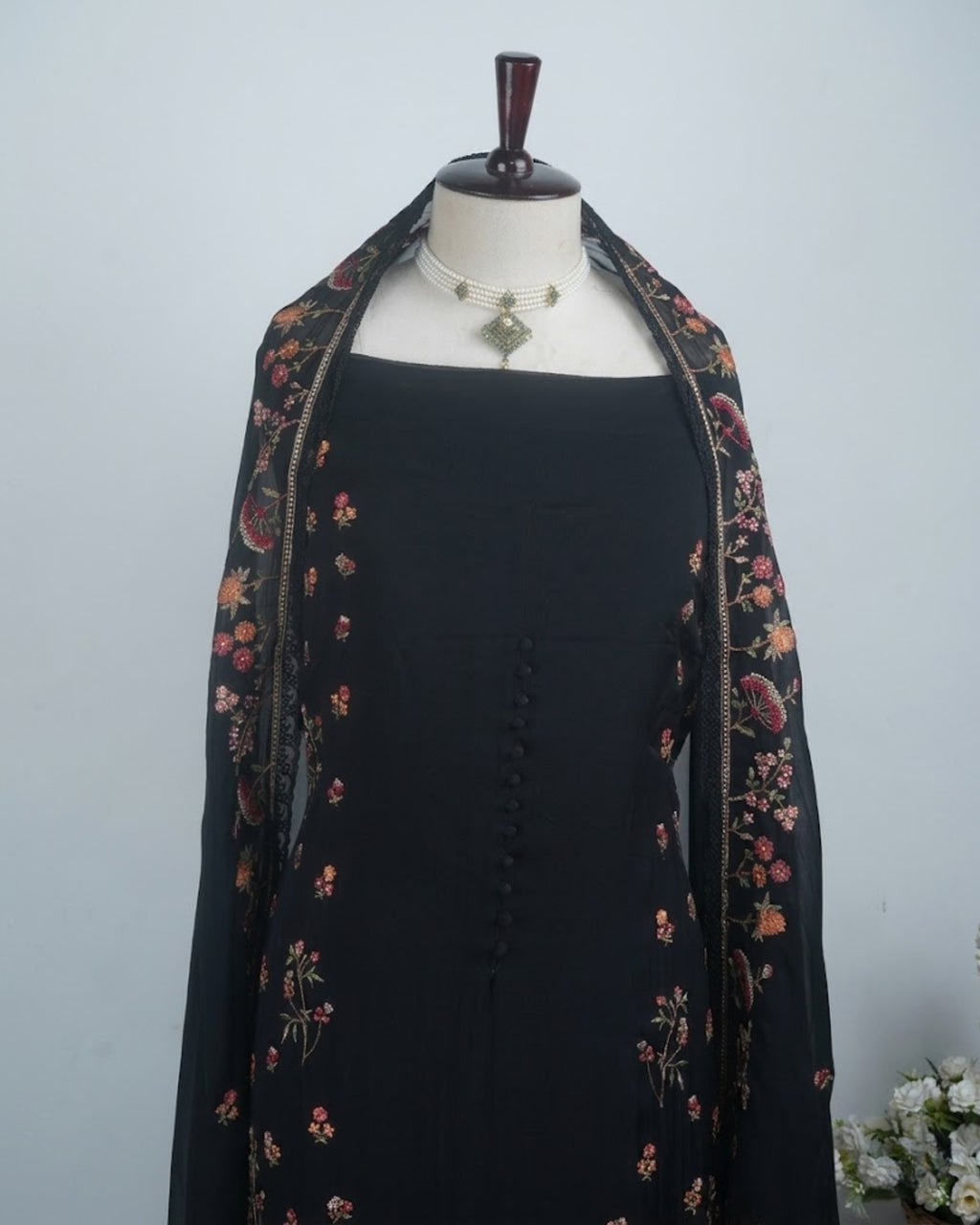 Black Organza Fabric with Multicolor Embroidery