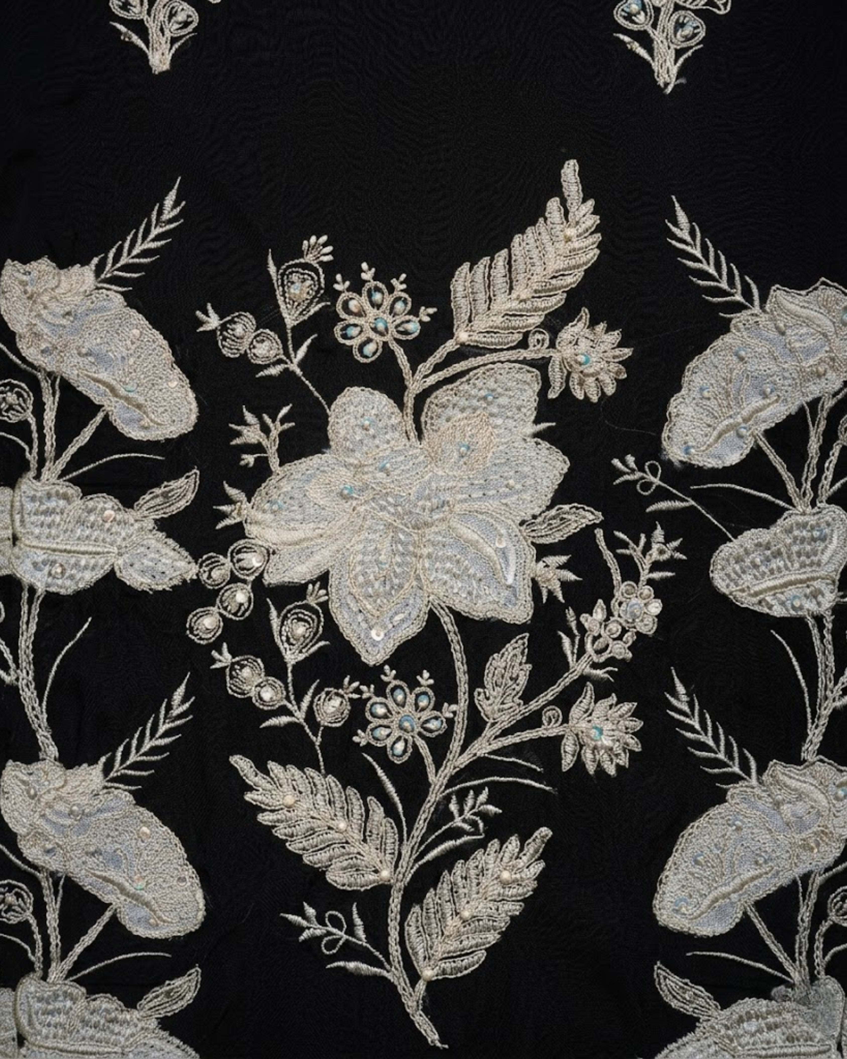 Black Organza Fabric with Flamingo Embroidery Design