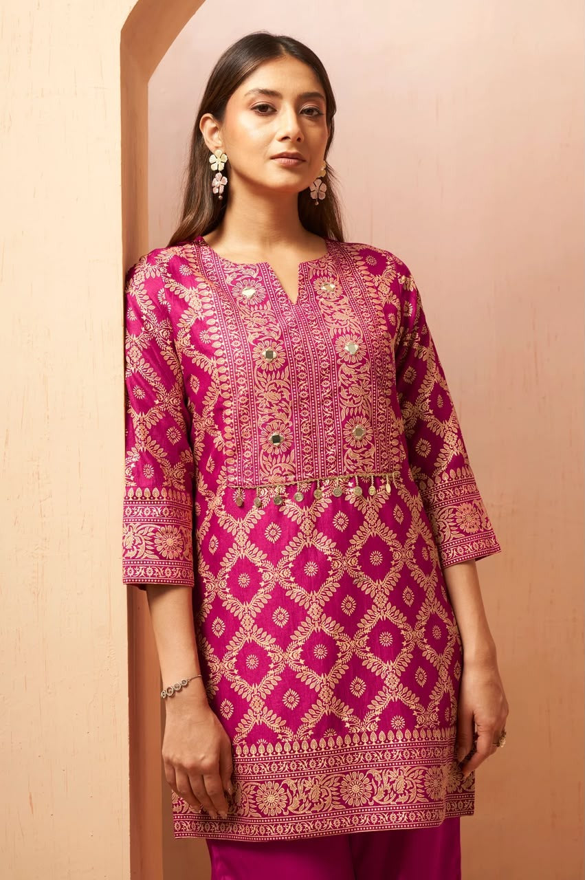 Women's Pink Jacquard Vichitra Silk Co-Ord Set