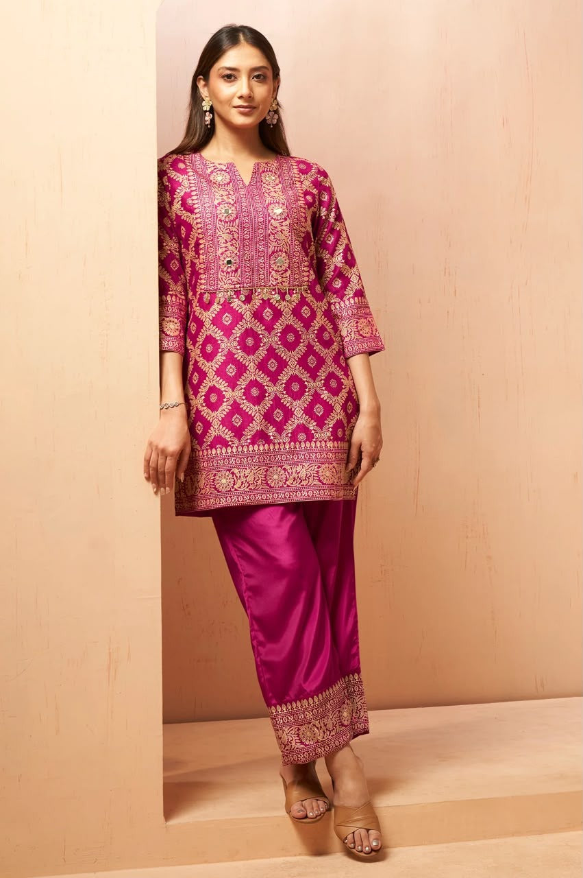 Women's Pink Jacquard Vichitra Silk Co-Ord Set