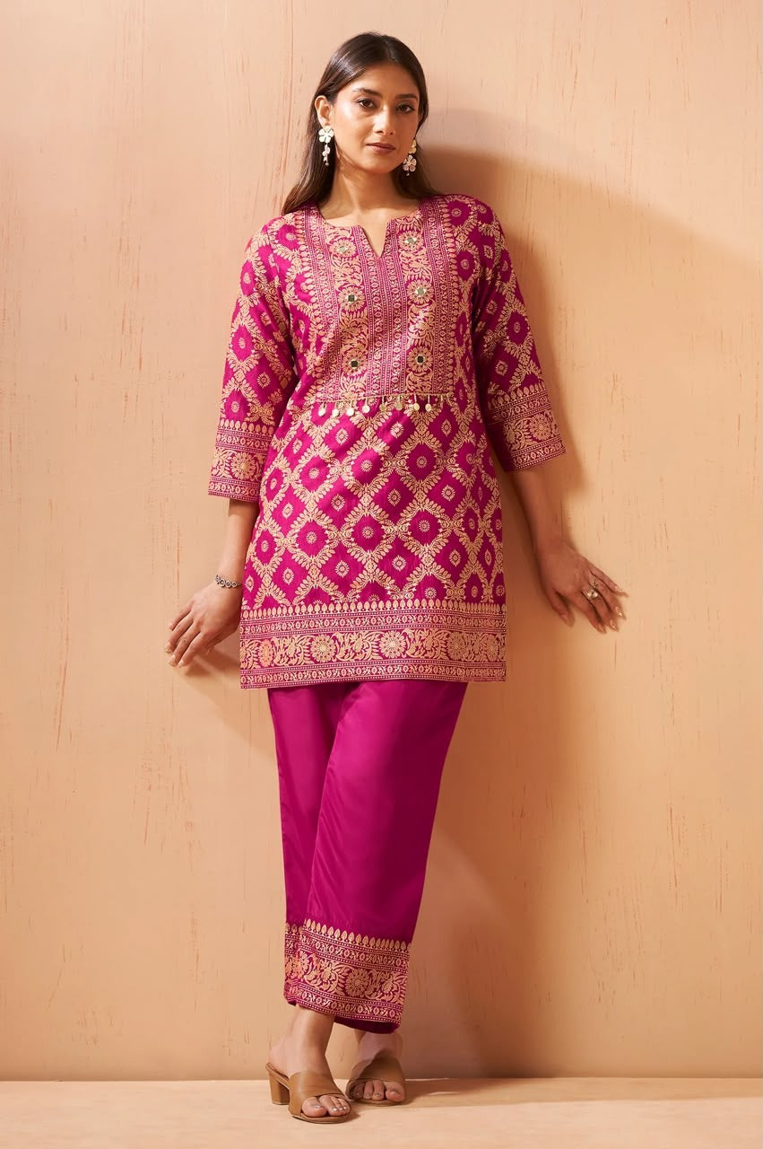 Women's Pink Jacquard Vichitra Silk Co-Ord Set