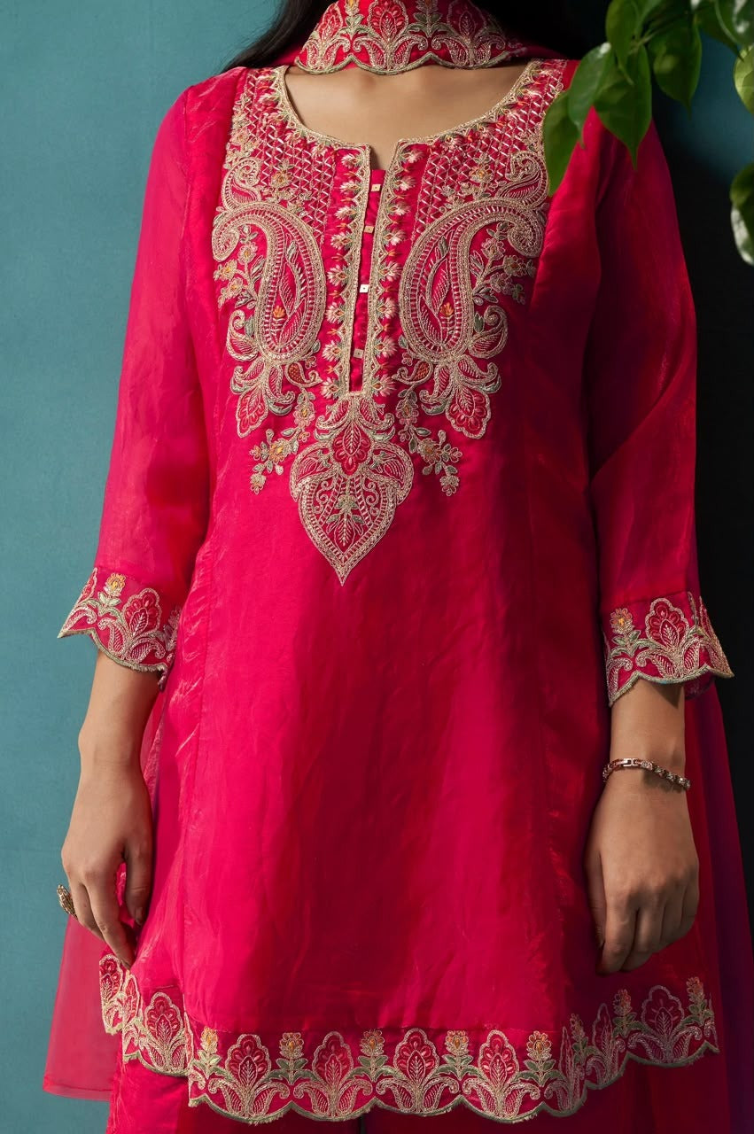 Red Silk Blend Embroidered Straight Kurta Set with Choker Net Dupatta