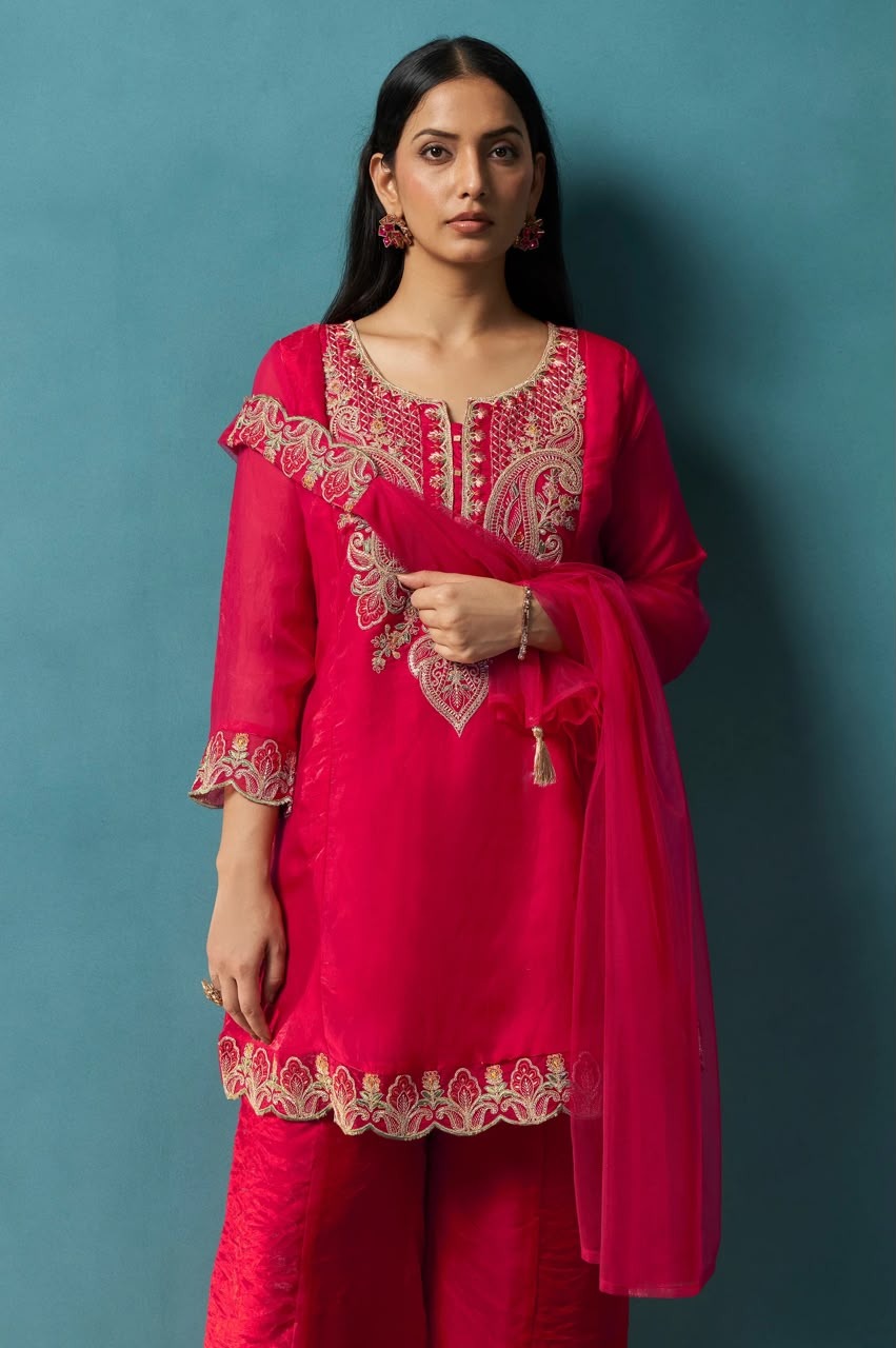 Red Silk Blend Embroidered Straight Kurta Set with Choker Net Dupatta