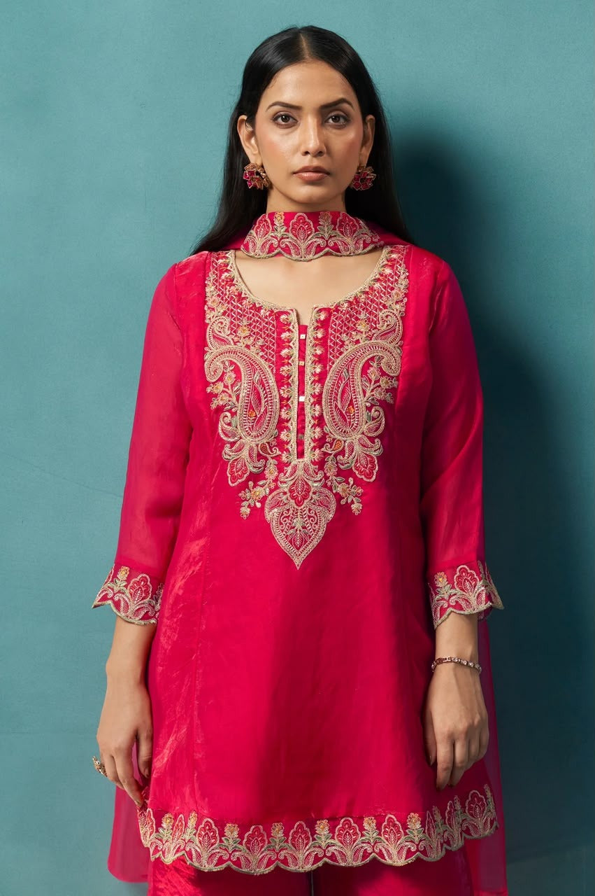 Red Silk Blend Embroidered Straight Kurta Set with Choker Net Dupatta