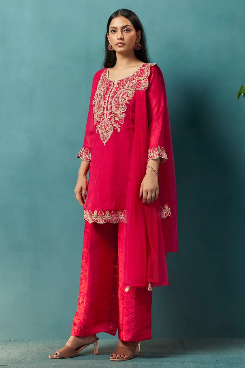 Red Silk Blend Embroidered Straight Kurta Set with Choker Net Dupatta