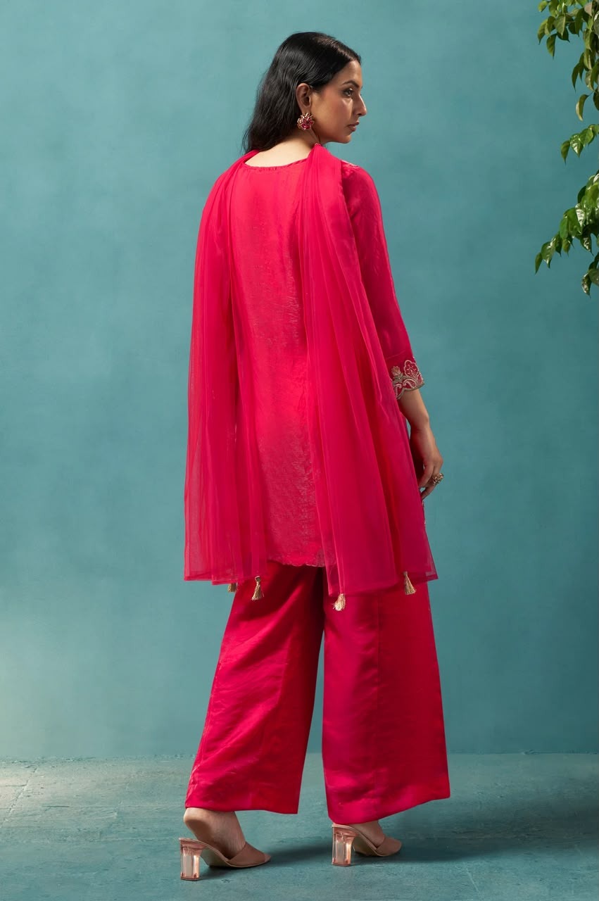 Red Silk Blend Embroidered Straight Kurta Set with Choker Net Dupatta