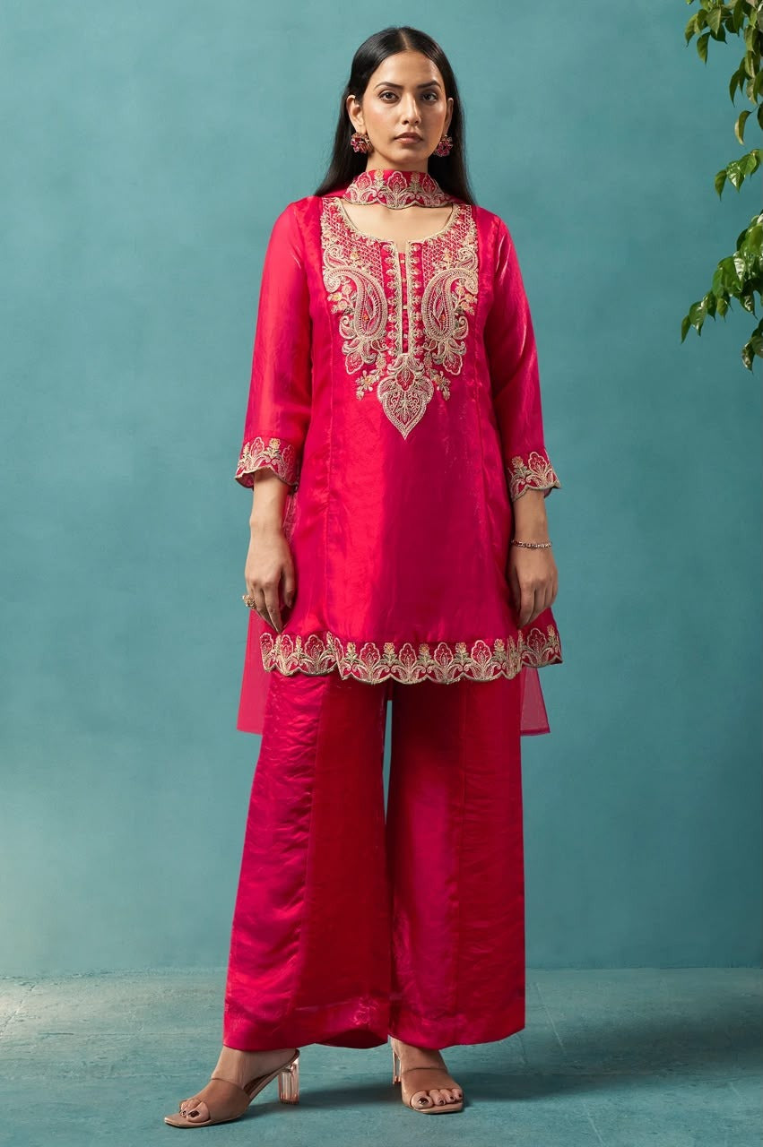 Red Silk Blend Embroidered Straight Kurta Set with Choker Net Dupatta