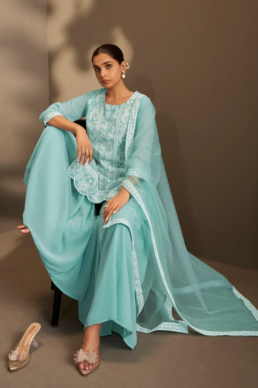 Women Sky Blue Georgette Schiffli Embroidered Straight Kurta with Sharara