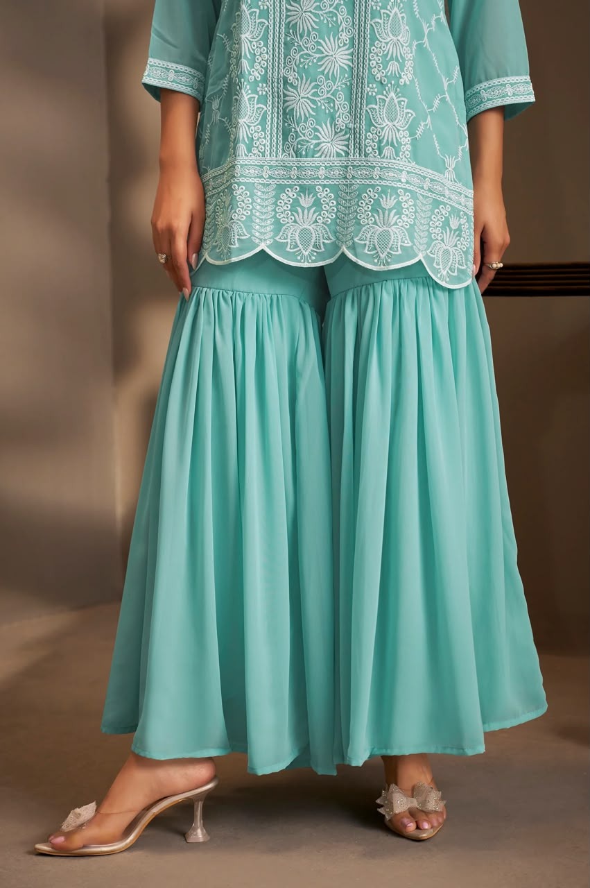 Women Sky Blue Georgette Schiffli Embroidered Straight Kurta with Sharara