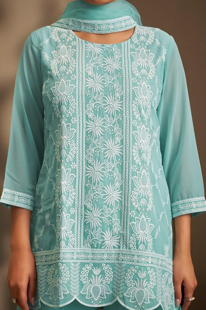 Women Sky Blue Georgette Schiffli Embroidered Straight Kurta with Sharara