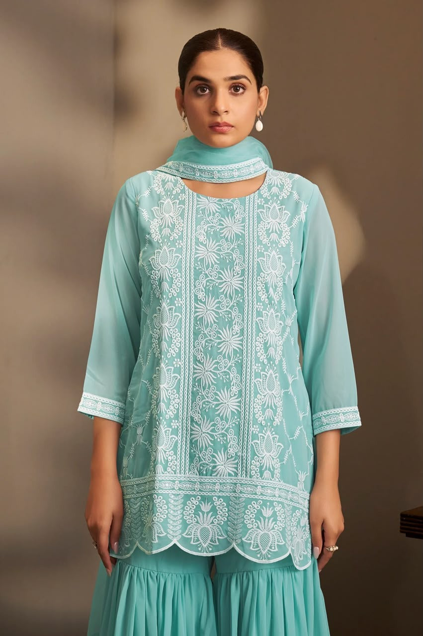 Women Sky Blue Georgette Schiffli Embroidered Straight Kurta with Sharara