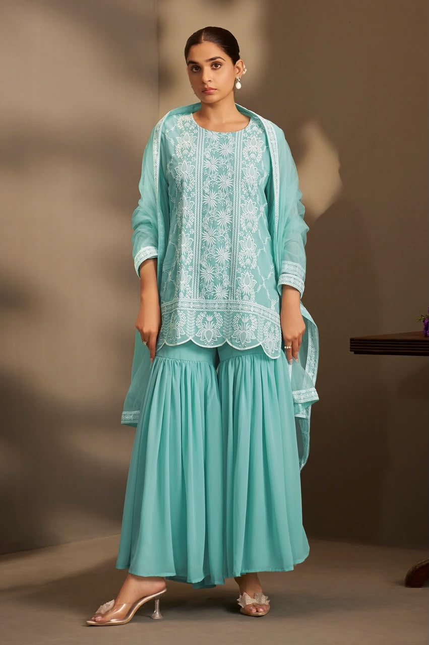Women Sky Blue Georgette Schiffli Embroidered Straight Kurta with Sharara
