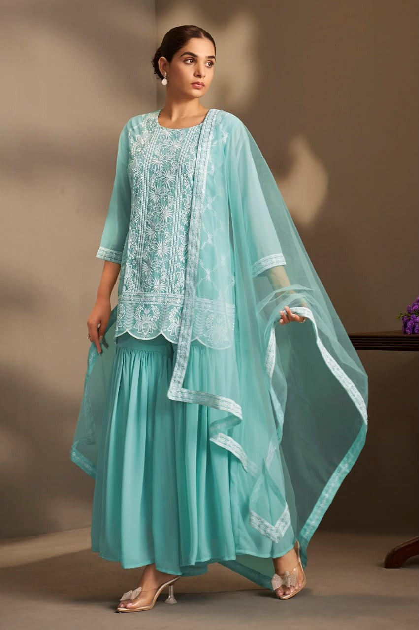 Women Sky Blue Georgette Schiffli Embroidered Straight Kurta with Sharara