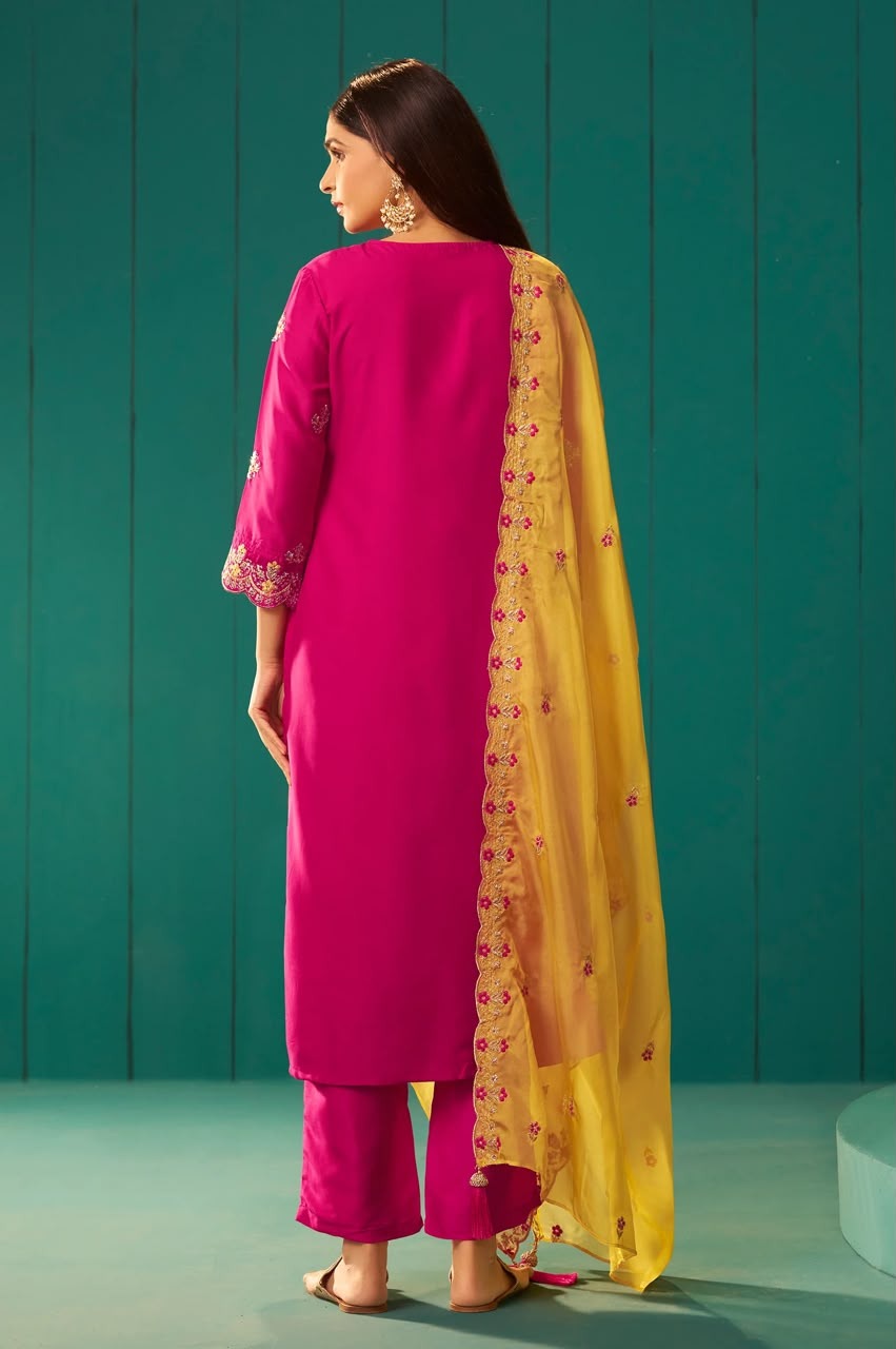 Pink Chinnon Embroidered Kurta Set With Dupatta