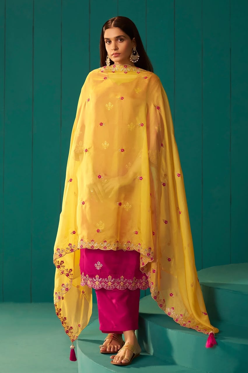 Pink Chinnon Embroidered Kurta Set With Dupatta