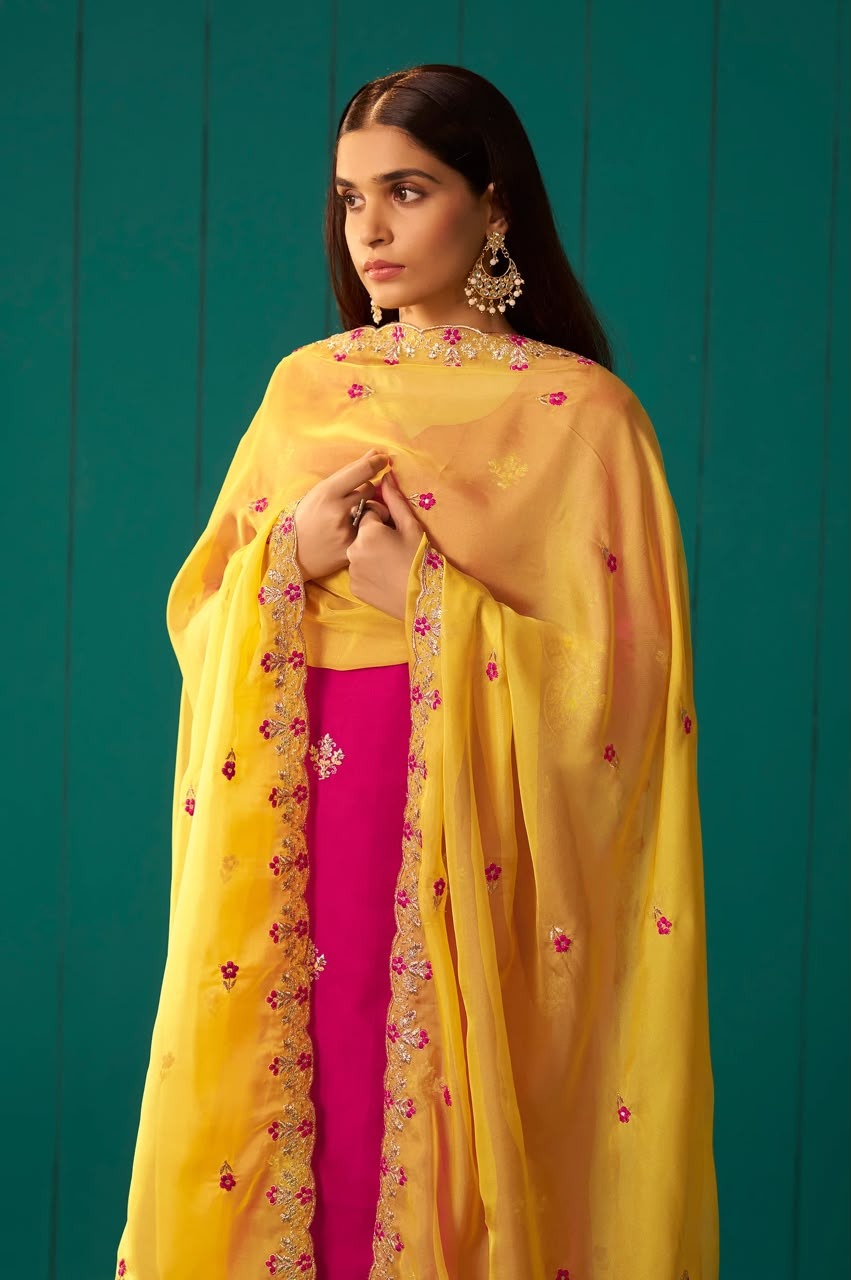 Pink Chinnon Embroidered Kurta Set With Dupatta