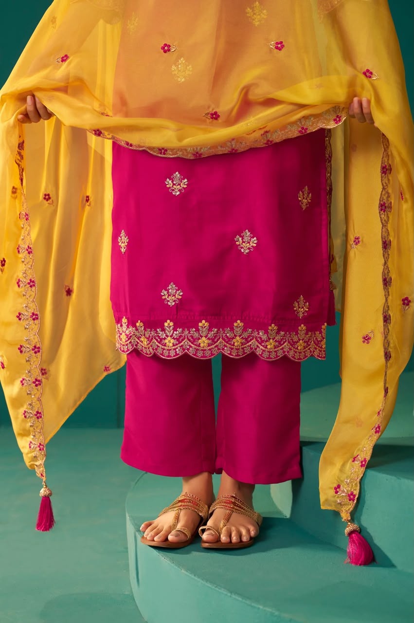 Pink Chinnon Embroidered Kurta Set With Dupatta