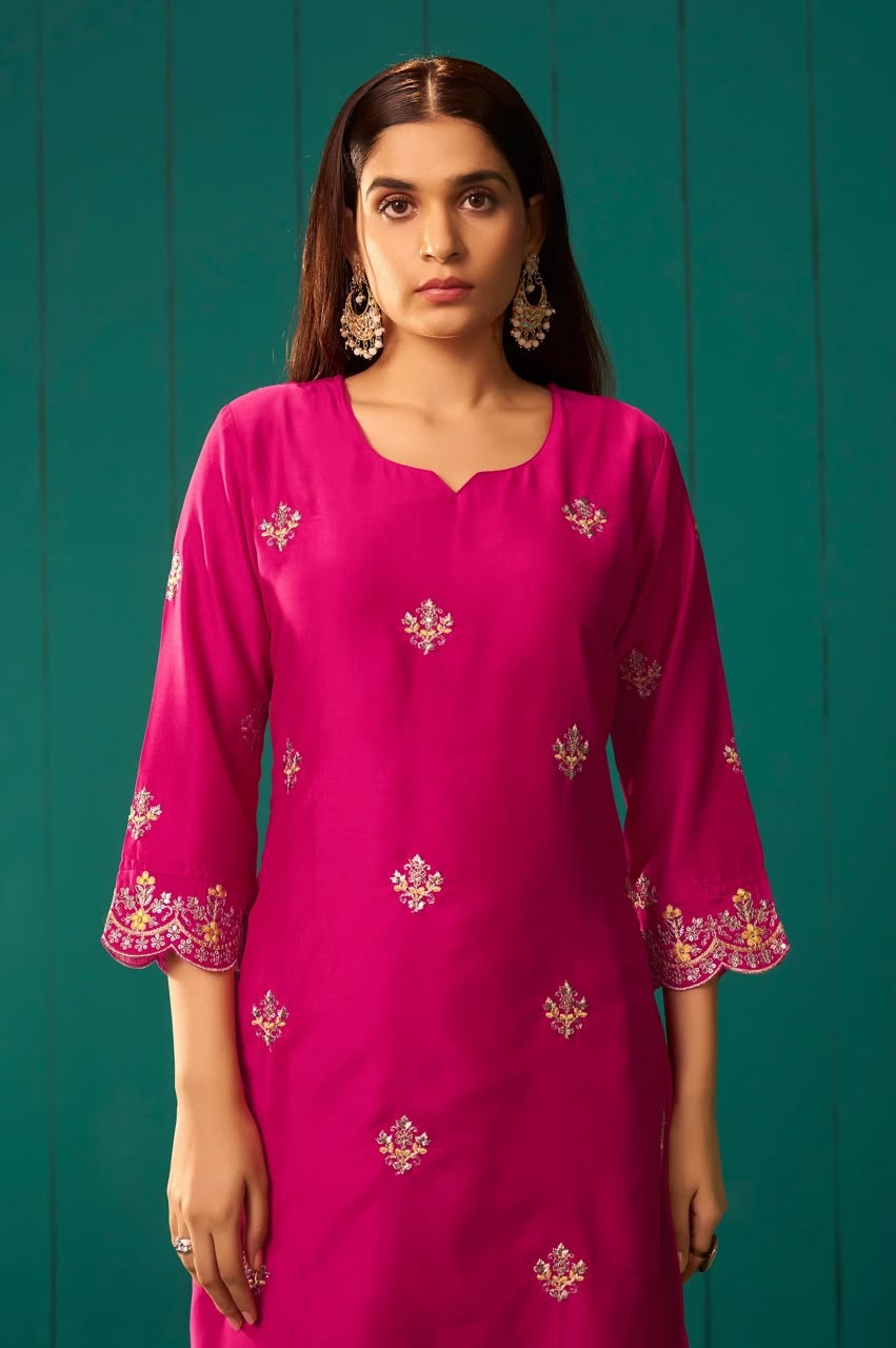 Pink Chinnon Embroidered Kurta Set With Dupatta