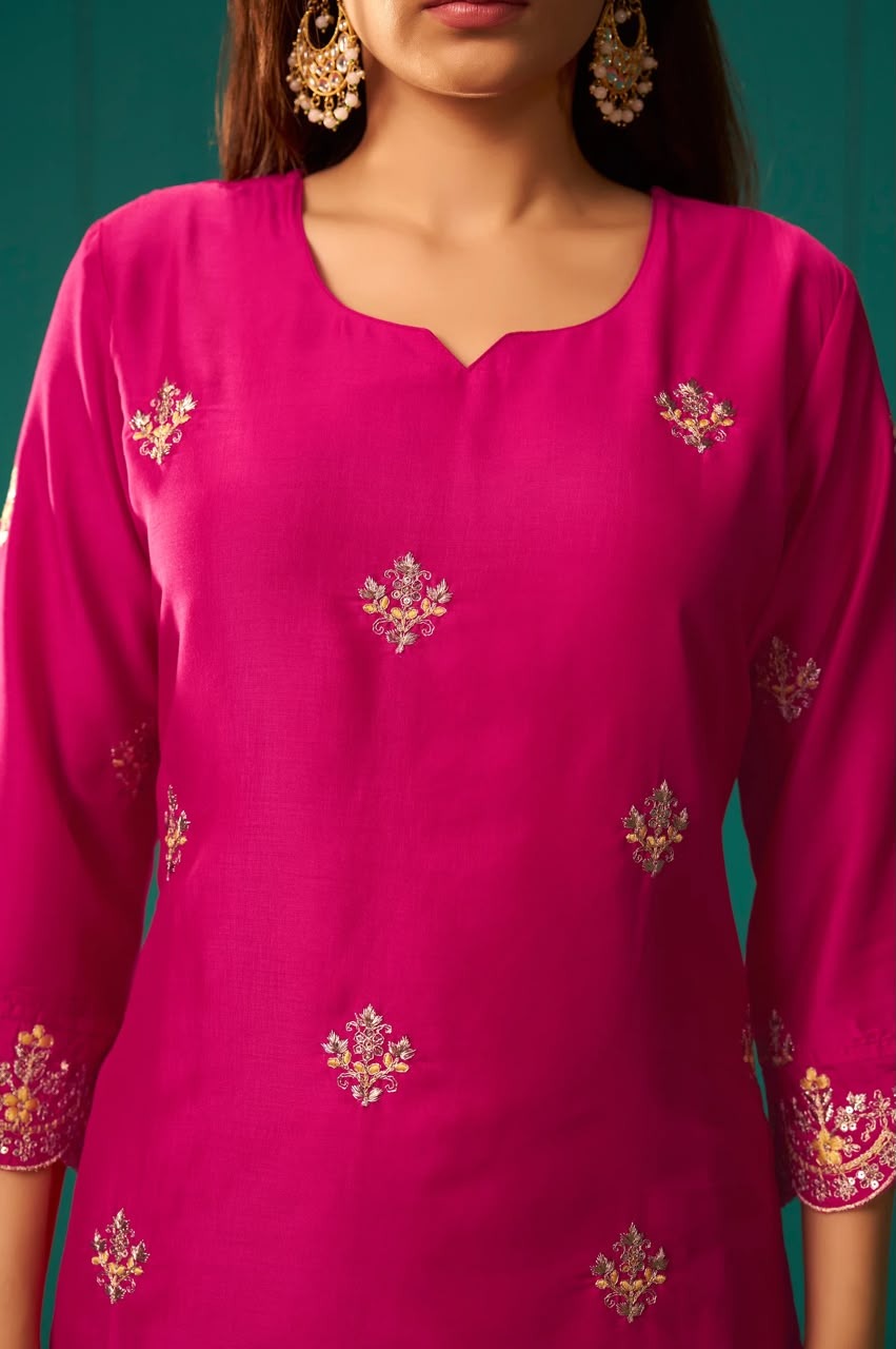 Pink Chinnon Embroidered Kurta Set With Dupatta