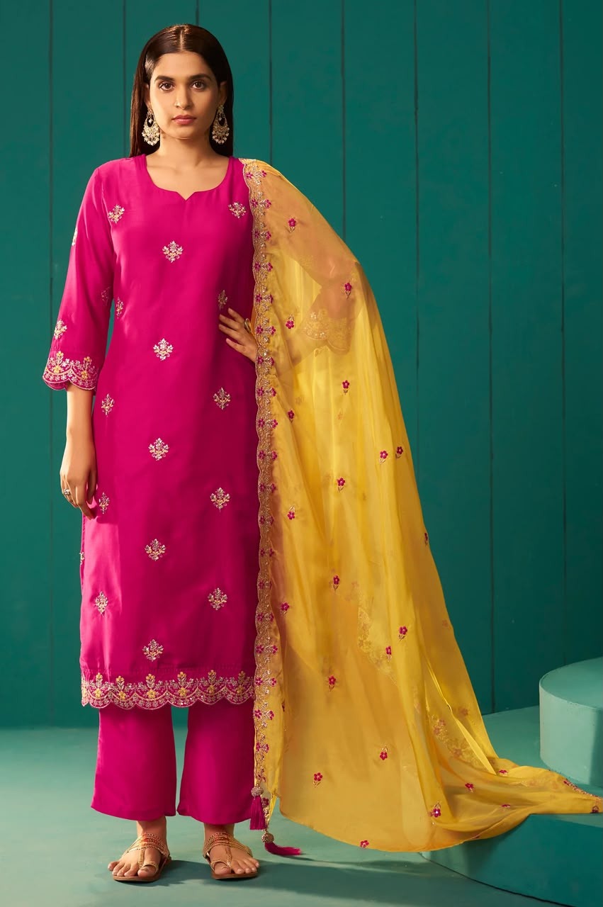 Pink Chinnon Embroidered Kurta Set With Dupatta