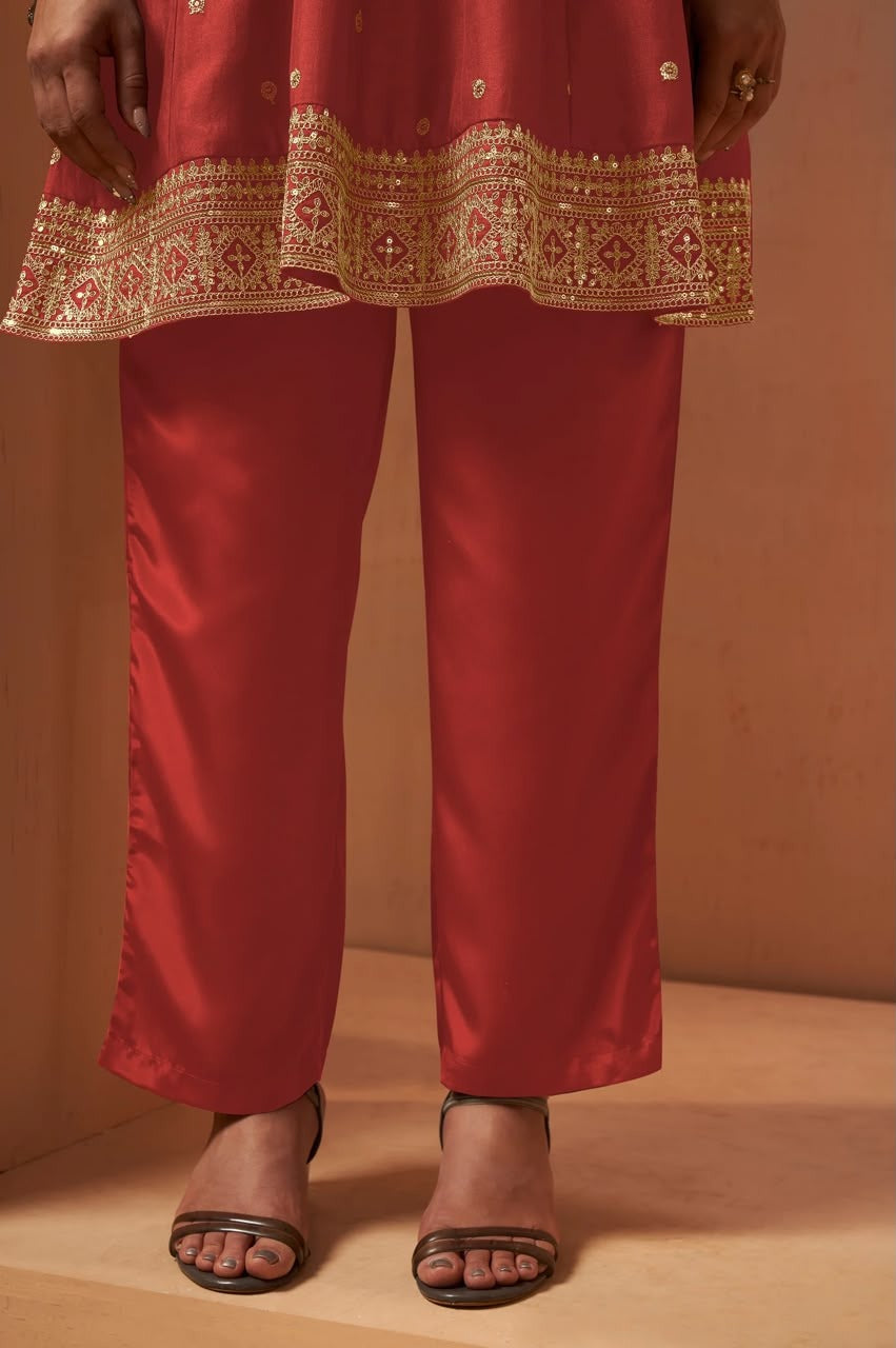 Women's Red Embroidered Vichitra Silk Kurta Set