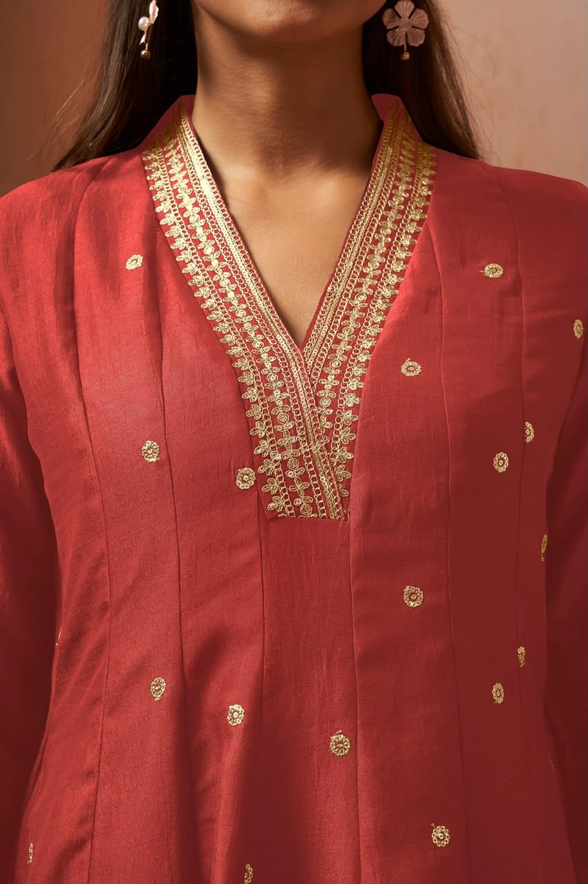 Women's Red Embroidered Vichitra Silk Kurta Set