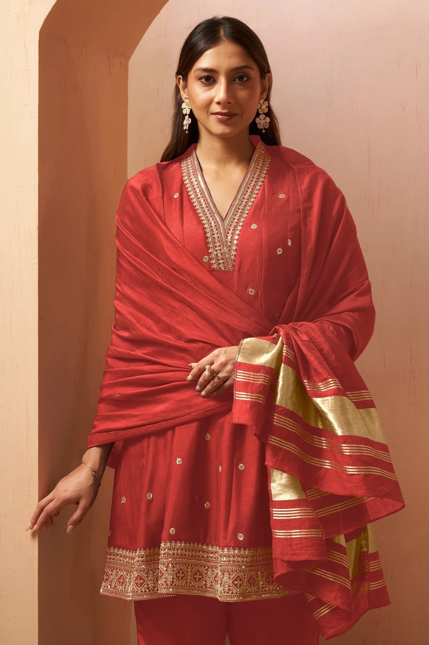 Women's Red Embroidered Vichitra Silk Kurta Set