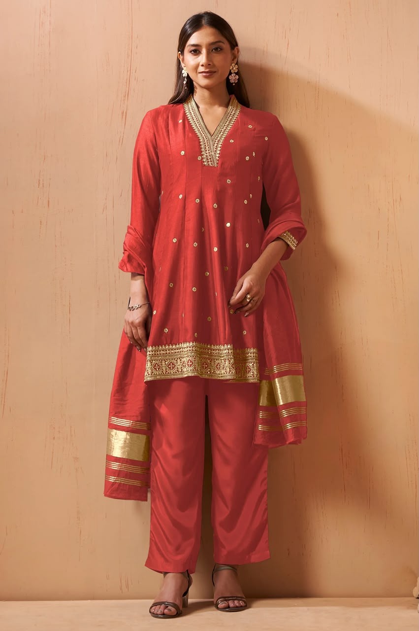 Women's Red Embroidered Vichitra Silk Kurta Set