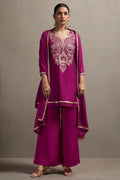 Women's Rani Pink Embroidered Silk Blend Straight Kurta