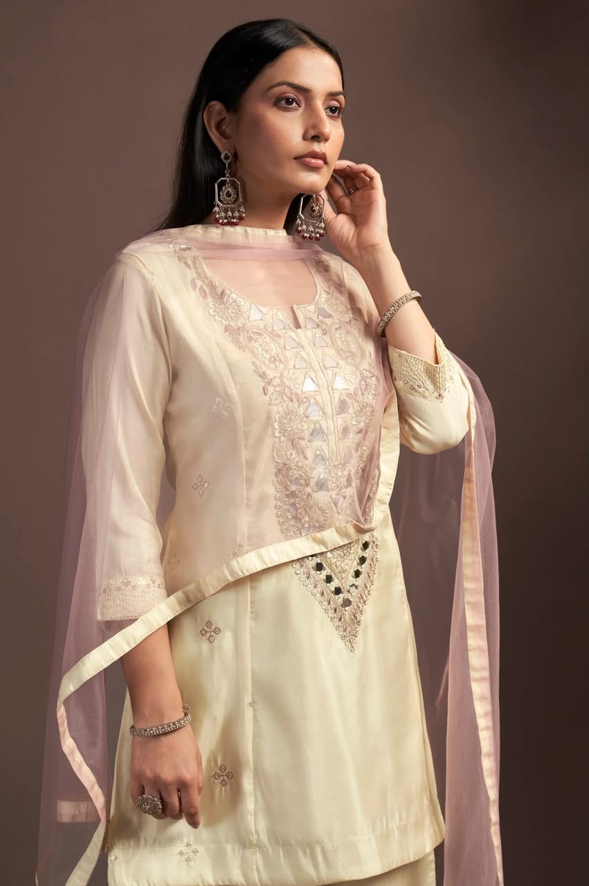 Cream Embroidered Mirror Work Silk Blend Straight Kurta Set