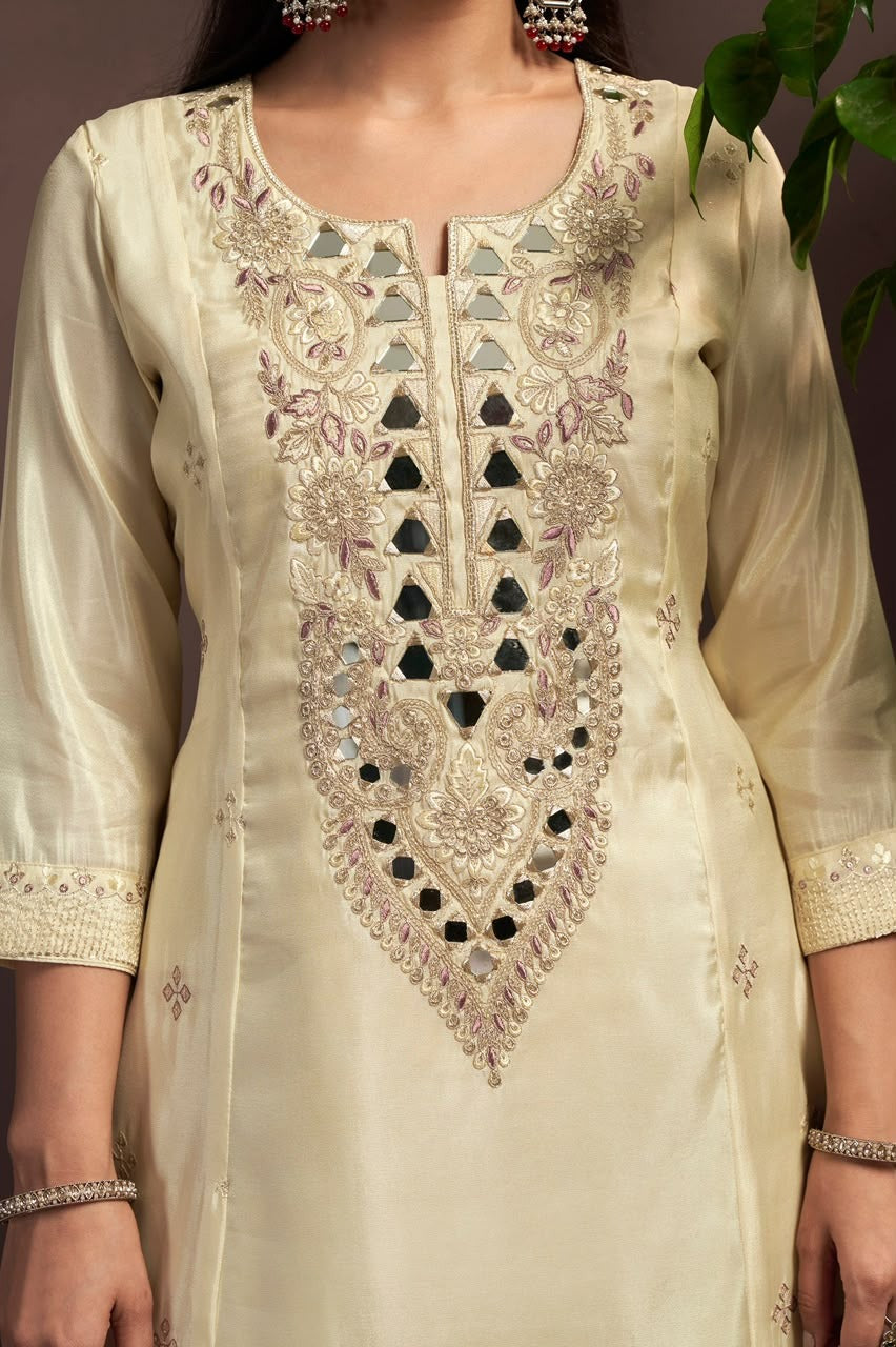 Cream Embroidered Mirror Work Silk Blend Straight Kurta Set